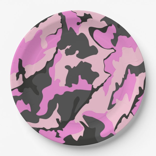 Pink Camo, 9" Inch Paper Party Plates (Front)