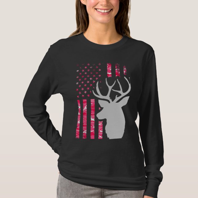 Pink Camo American Flag Camouflage Buck Hunting Wo T-Shirt (Front)