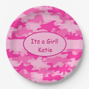 Pink Camo and Name Its A Girl Baby Shower Paper Plate