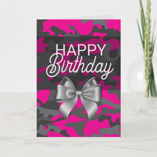 Pink Camo & Bow Happy Birthday Card (Front)