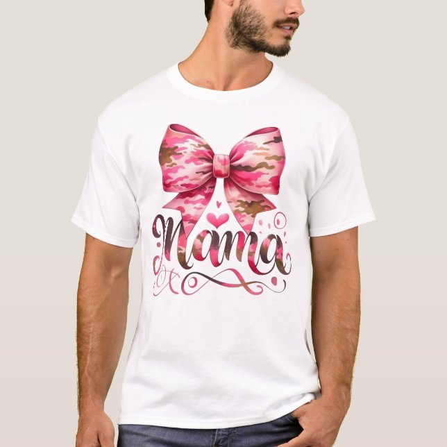 Pink Camo Bow Mama Script Design T-Shirt (Front)