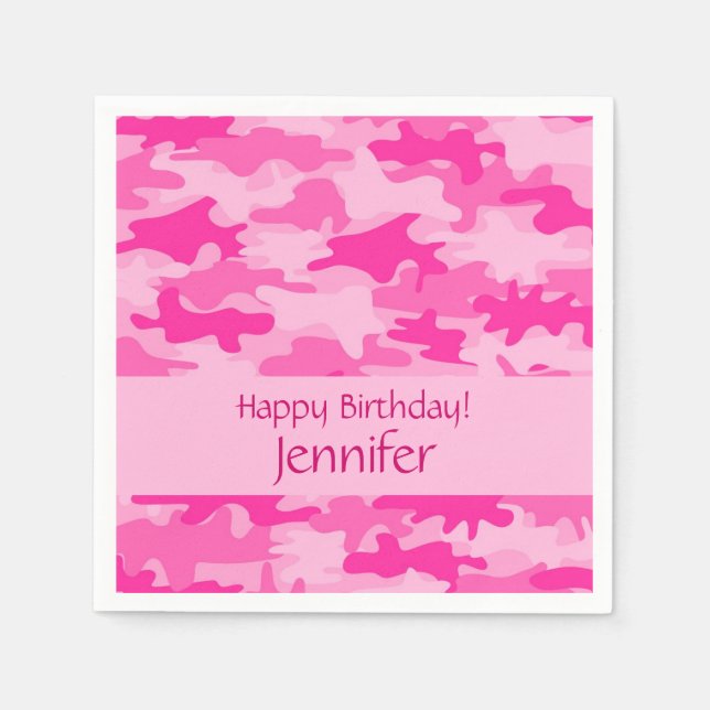 Pink Camo Camouflage Happy Birthday Party Napkin (Front)