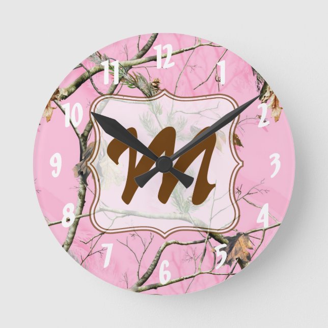 Pink Camo Camouflage Monogram Initial Wall Clock (Front)