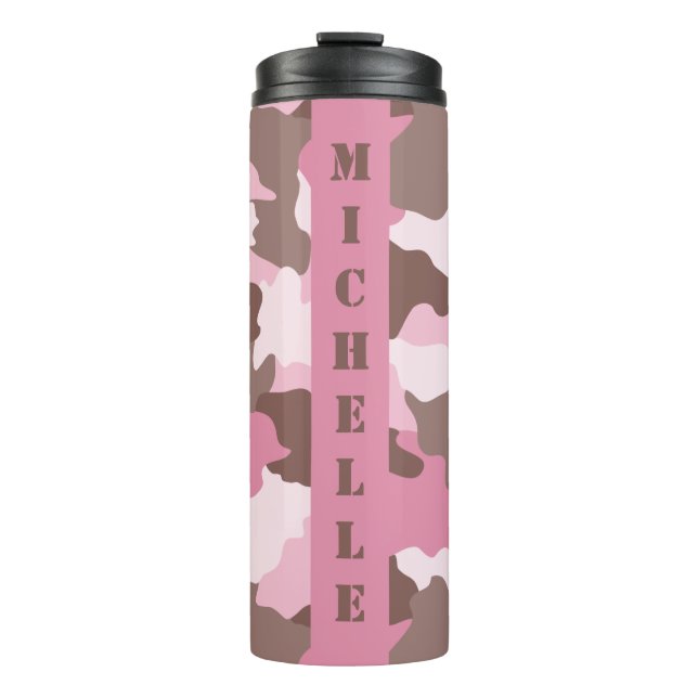 Pink Camo Camouflage Monogram Name Pink Thermal Tumbler (Front)