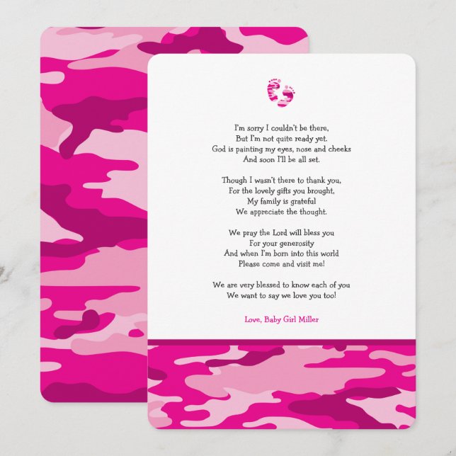 Pink Camo girl poem baby shower thank you note Invitation (Front/Back)