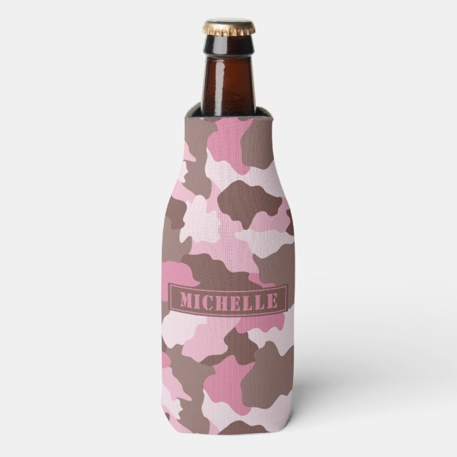 Pink Camo Girly Camouflage Monogram Name Bottle Cooler (Bottle Front)