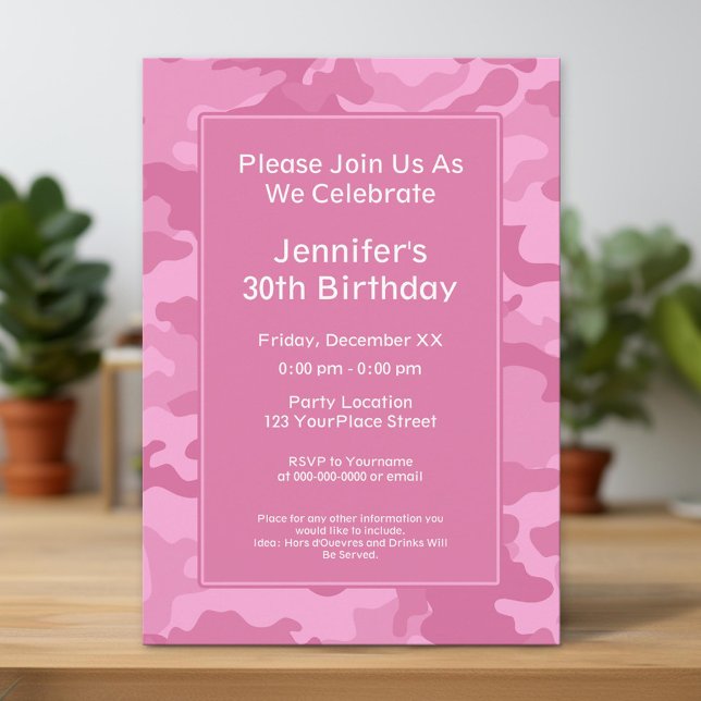 Pink Camo Military Theme Birthday Party Invitation (Unique Invitation)