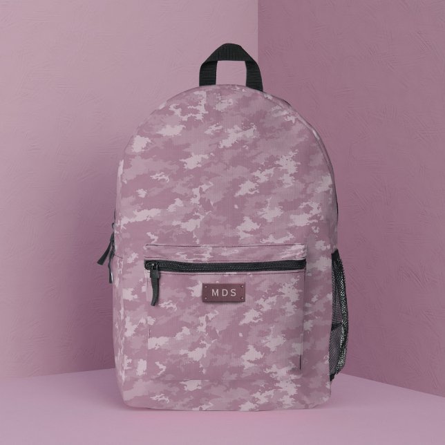 Pink Camo Modern Camouflage Printed Backpack (A pink camo backpack with space for your initials)