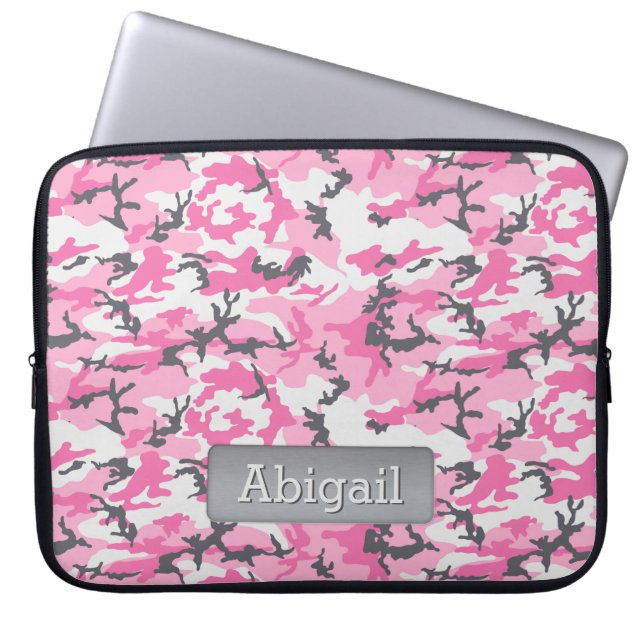 Pink Camo Pattern Personalized Name Laptop Sleeve (Front)