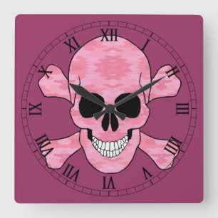 Pink Camo Skull And Crossbones Roman Numeral Clock