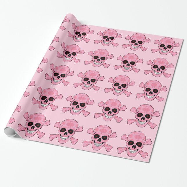Pink Camo Skull Red Eyes Crossbones Wrapping Paper (Unrolled)