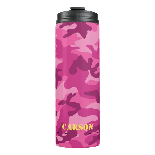 Pink Camo Yellow Name Sports Mod Travel Thermal Tumbler (Front)