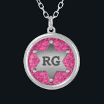 Pink Camouflage Pattern Sheriff Badge Monogram Silver Plated Necklace<br><div class="desc">This customisable camo pattern necklace design has a faux metal sheriff badge with space for you to add your monogram / initials or other text. The camouflage is in shades of pink and purple. It's a girly design for a woman in the military, a veteran, a woman in law enforcement,...</div>