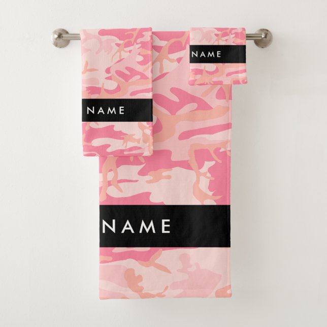 Pink Camouflage Pattern, Your name, Personalise Bath Towel Set (Insitu)
