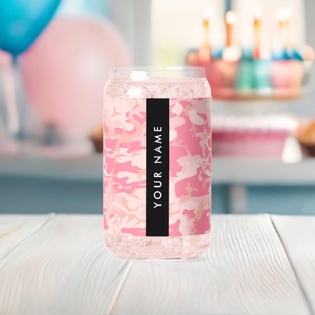Pink Camouflage Pattern, Your name, Personalise Can Glass (Insitu (Baby Shower))