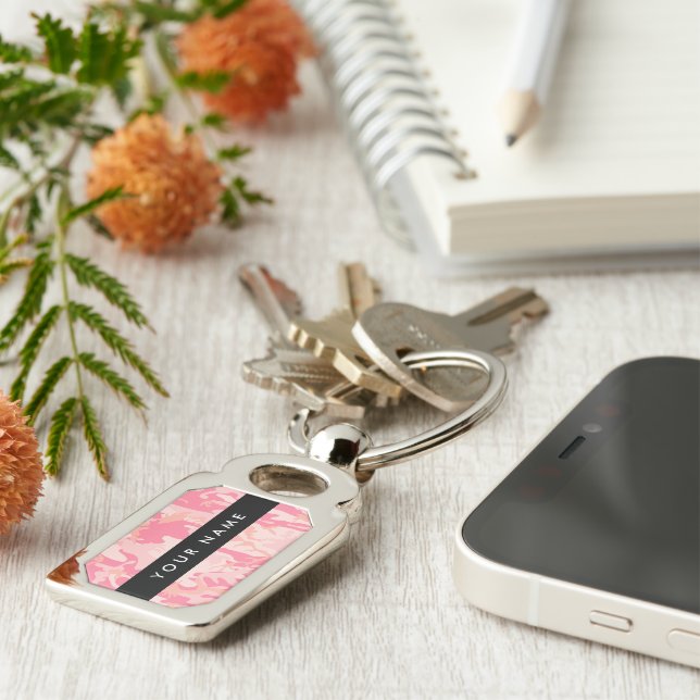Pink Camouflage Pattern, Your name, Personalise Key Ring (Side)