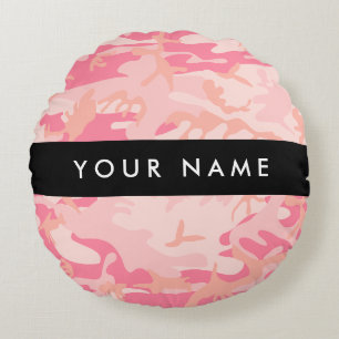 Pink Camouflage Pattern, Your name, Personalise Round Cushion