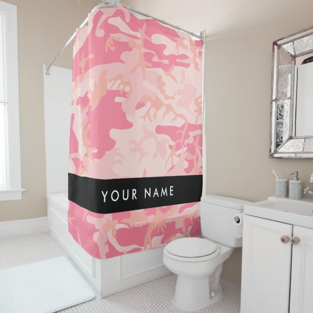 Pink Camouflage Pattern, Your name, Personalise Shower Curtain (In Situ)