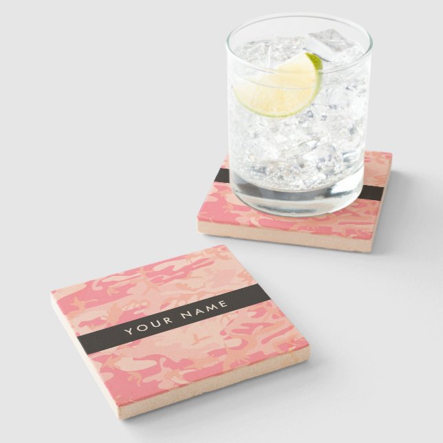 Pink Camouflage Pattern, Your name, Personalise Stone Coaster (Side)