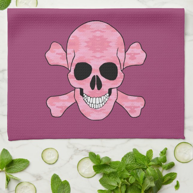 Pink Camouflage Skull And Crossbones Kitchen Towel (Folded)