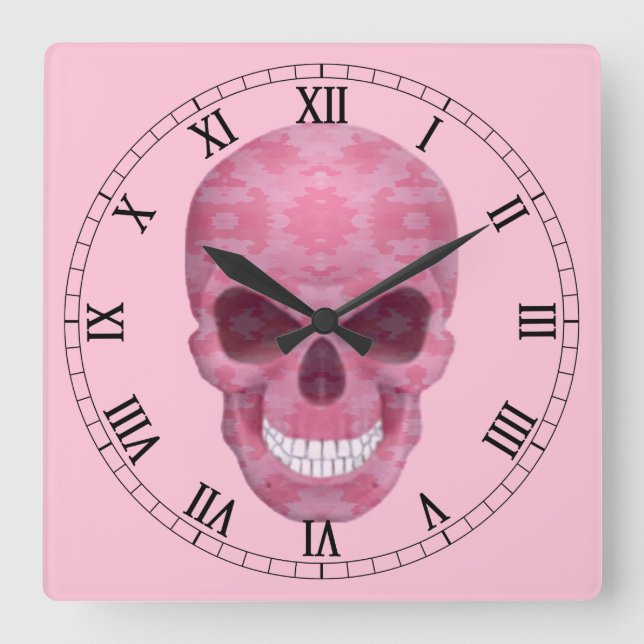 Pink Camouflage Skull Roman Numeral Clock (Front)
