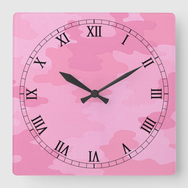 Pink Camouflage Square Roman Numerals Clock (Front)