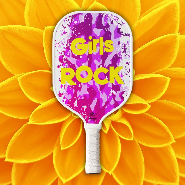 Pink camouflage with yellow text | pickleball paddle (Creator Uploaded)