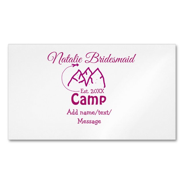 Pink camp bridesmaid add name date year bacheloret magnetic business card (Front)