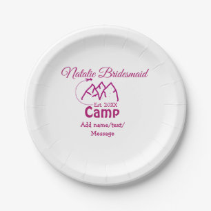 Pink camp bridesmaid add name date year bacheloret paper plate
