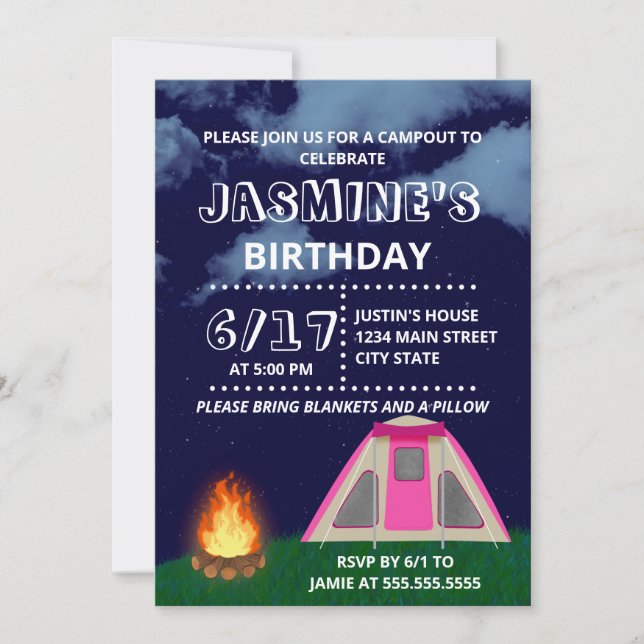 Pink Camp-out Birthday Party Invitation (Front)