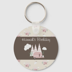 Pink Camper Camping Birthday Party Key Ring