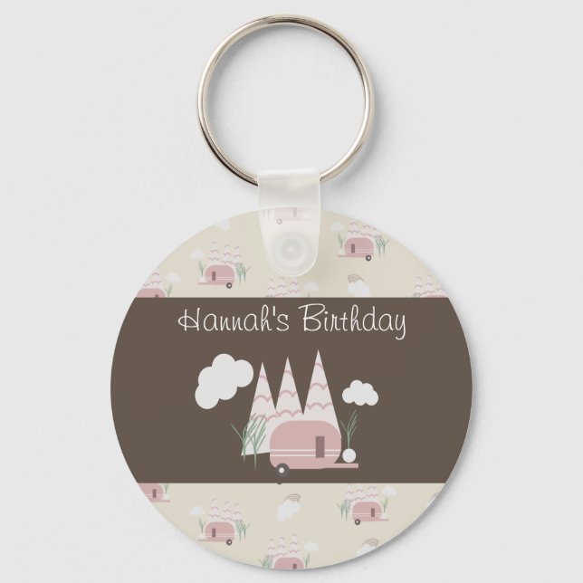 Pink Camper Camping Birthday Party Key Ring (Front)