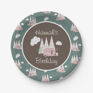 Pink Camper Camping Birthday Party Paper Plate