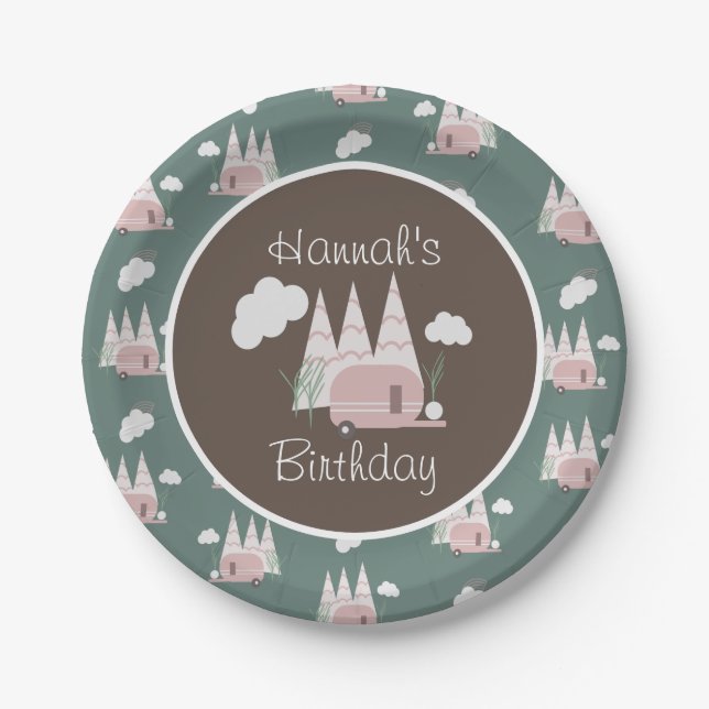 Pink Camper Camping Birthday Party Paper Plate (Front)
