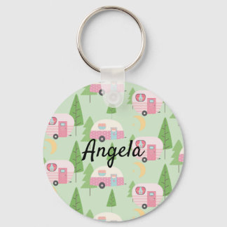 Pink Campers Adorable Woods Camping Pattern Key Ring