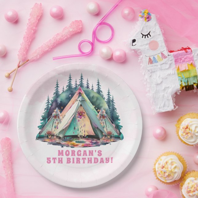 Pink Camping Sleepover Birthday Party Paper Plate (Party)
