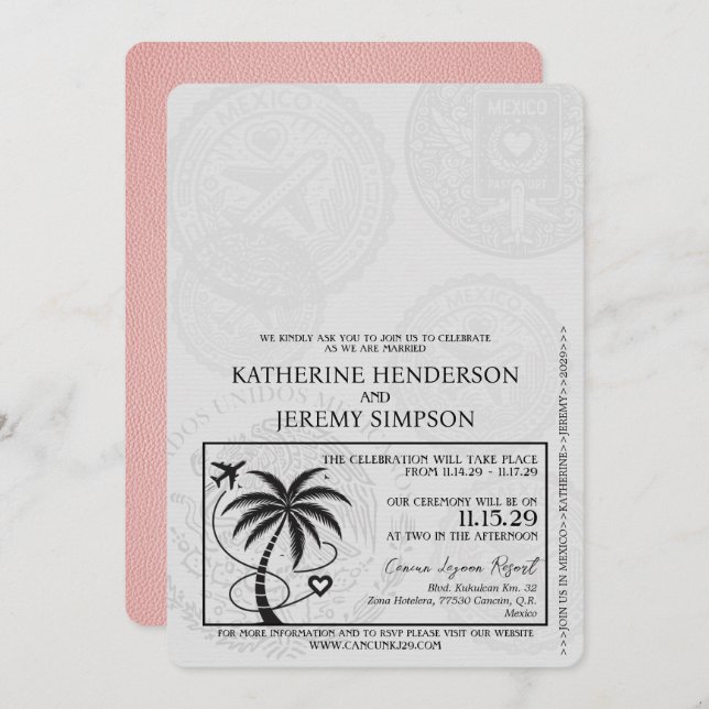Pink Cancun Passport Wedding Invitation (Front/Back)