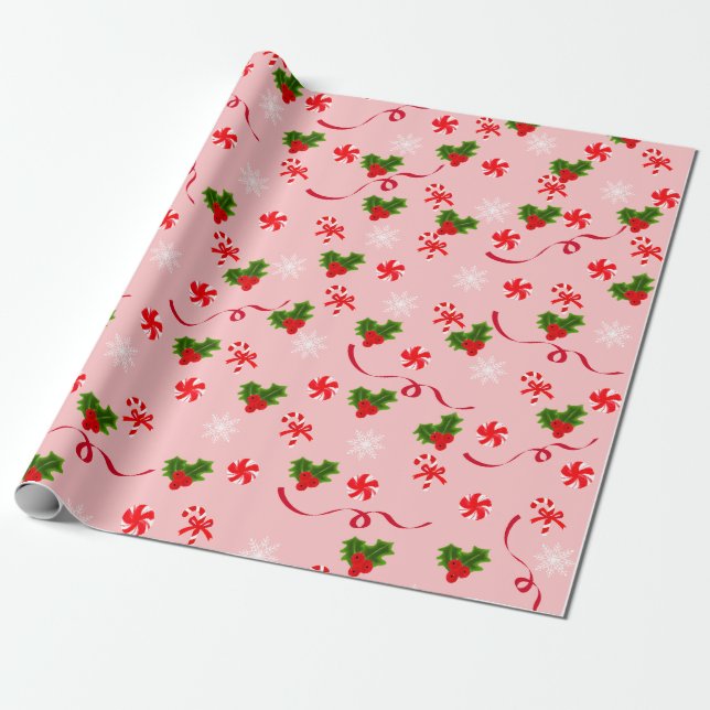 Pink Candy Cane and Red Ribbon Christmas Berries Wrapping Paper (Unrolled)