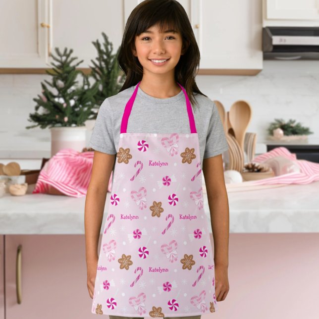 Pink Candy Cane Bow Gingerbread Snowflake Add Name Apron (Creator Uploaded)