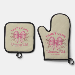 Pink Candy Cane Christmas Club Xmas Season  Oven Mitt & Pot Holder Set