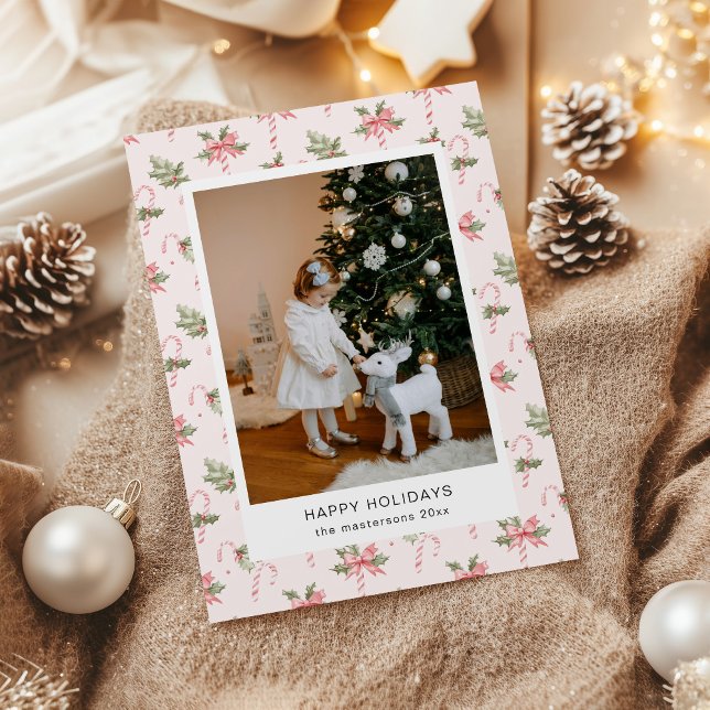 Pink Candy Canes Wallpaper Photo Holiday Card (Creator Uploaded)