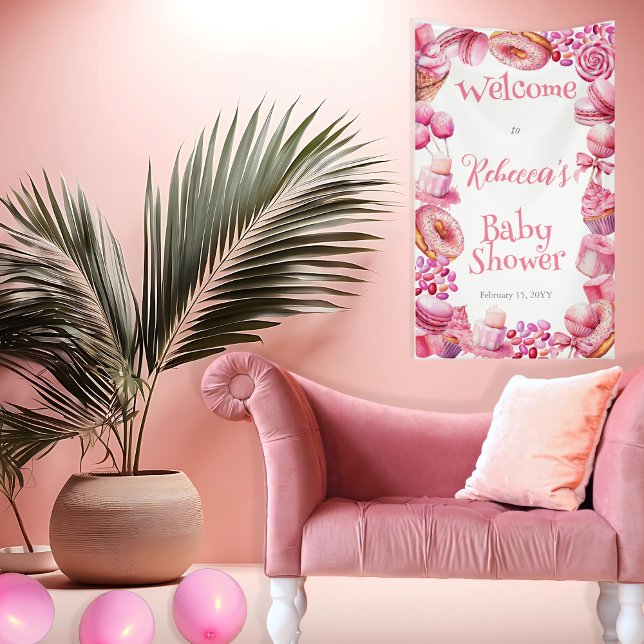 Pink Candy Frame Girl Baby Shower Banner (Pink Candy and Treats Frame Girl Baby Shower Vertical Banner)