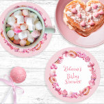 Pink Candy Frame Girl Baby Shower Round Paper Coaster<br><div class="desc">We know you can't wait to see your sweet little baby and this candy-themed Baby Shower design celebrates you and your little one in all pink glory!  A delicious bakery treat and candy pink frame surrounds your shower details in an oh so yummy way.</div>