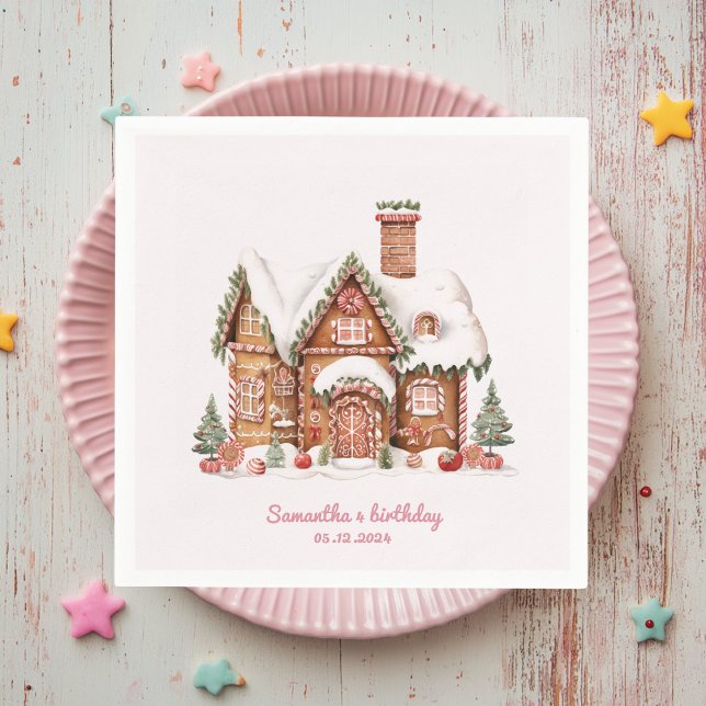 "Pink Candy Gingerbread House Birthday  Napkin (Creator Uploaded)