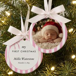 Pink Candy Stripe Baby First Christmas Photo Ceramic Tree Decoration