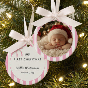 Pink Candy Stripe Baby First Christmas Photo Ceramic Tree Decoration