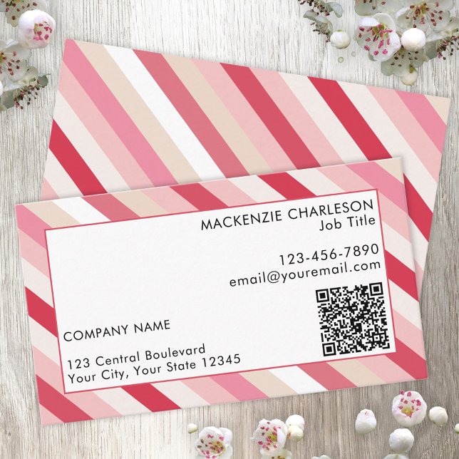 Pink Candy Stripe QR Code Business Card (Pink pastel candy striped business card with QR code)