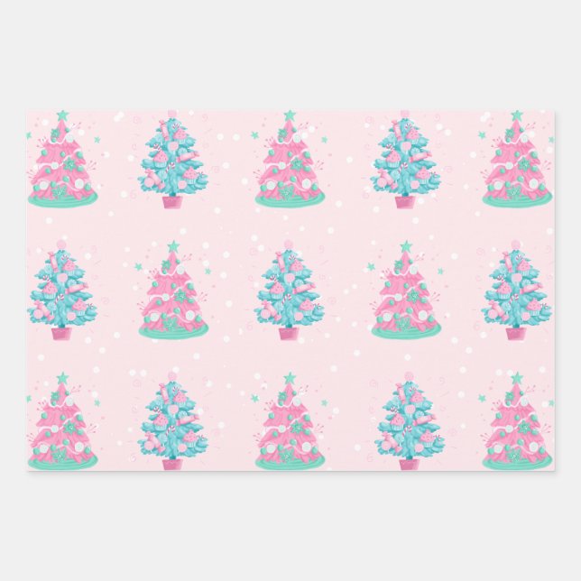 Pink Candyland Christmas Trees Pattern  Wrapping Paper Sheet (Front)