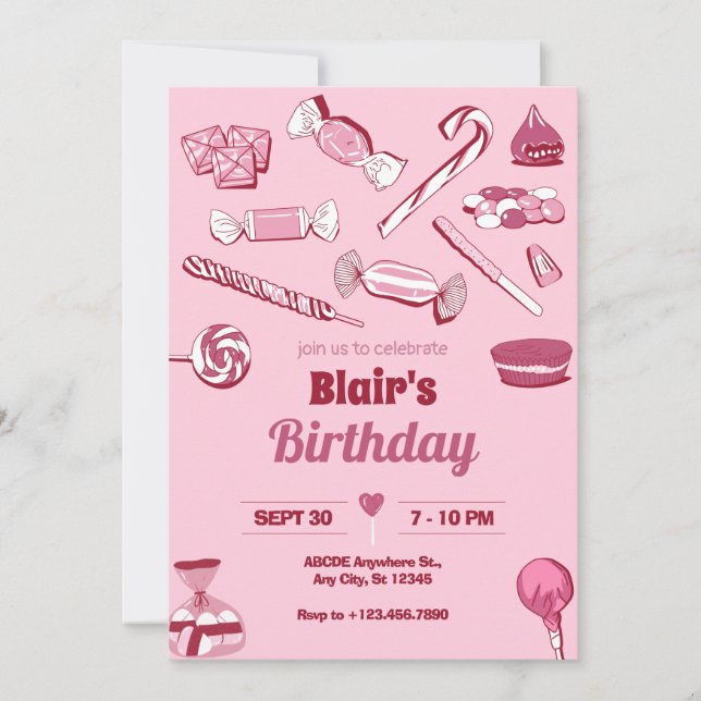 Pink candys sweet invitation (Front)