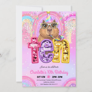Pink Capybara 10th Birthday Party Invitation